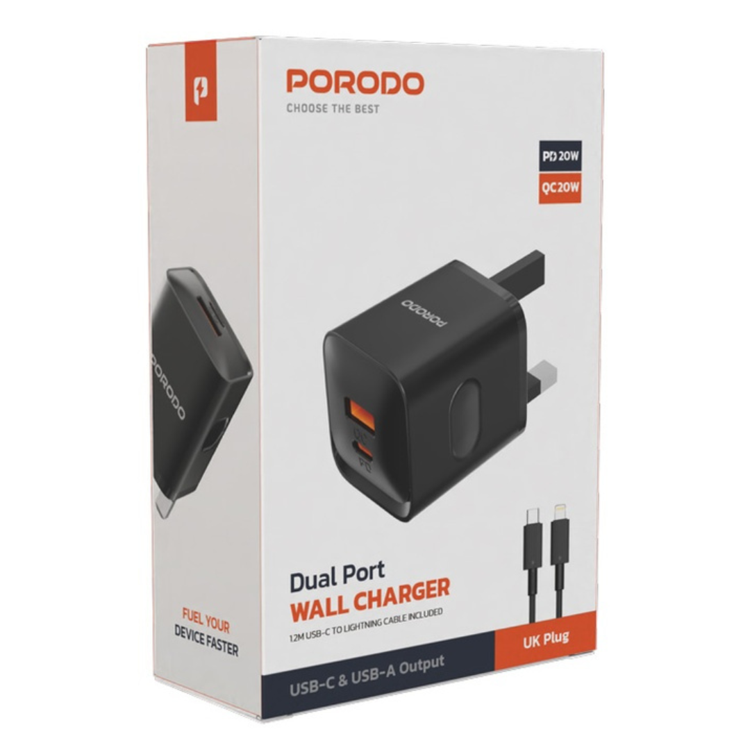 Porodo Dual Port Wall Charger UK with USB-C to Lightning cable
