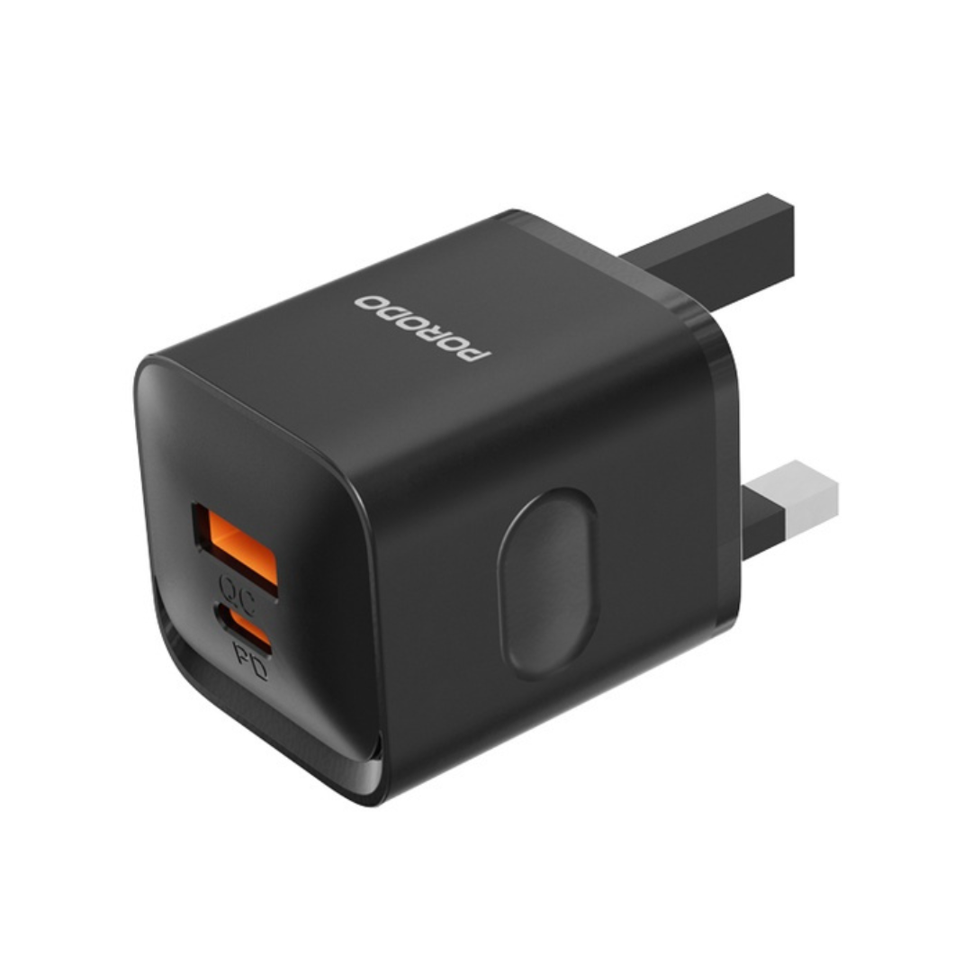 Porodo Dual Port Wall Charger UK with USB-C to Lightning cable