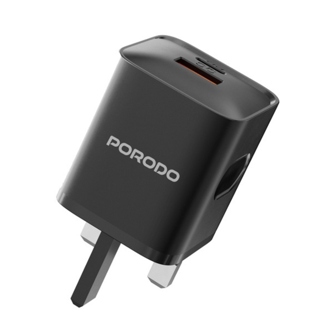Porodo Dual Port Wall Charger UK with USB-C to Lightning cable