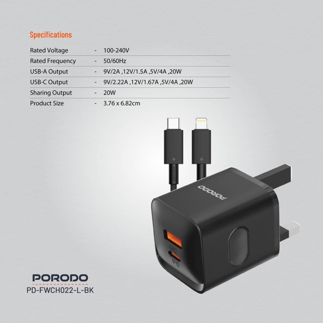 Porodo Dual Port Wall Charger UK with USB-C to Lightning cable