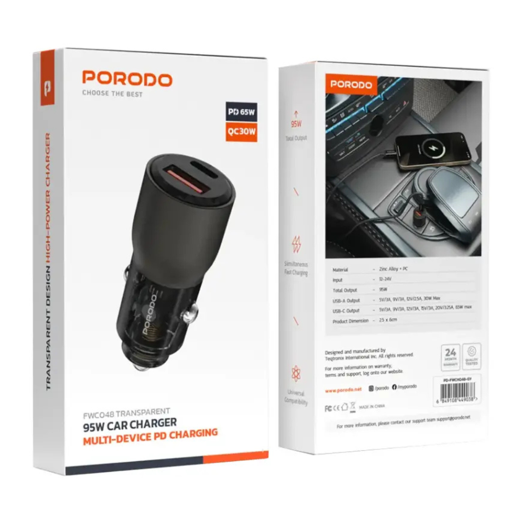 Porodo 95W Transparent Car Charger for Charging Multiple Devices with PD Technology