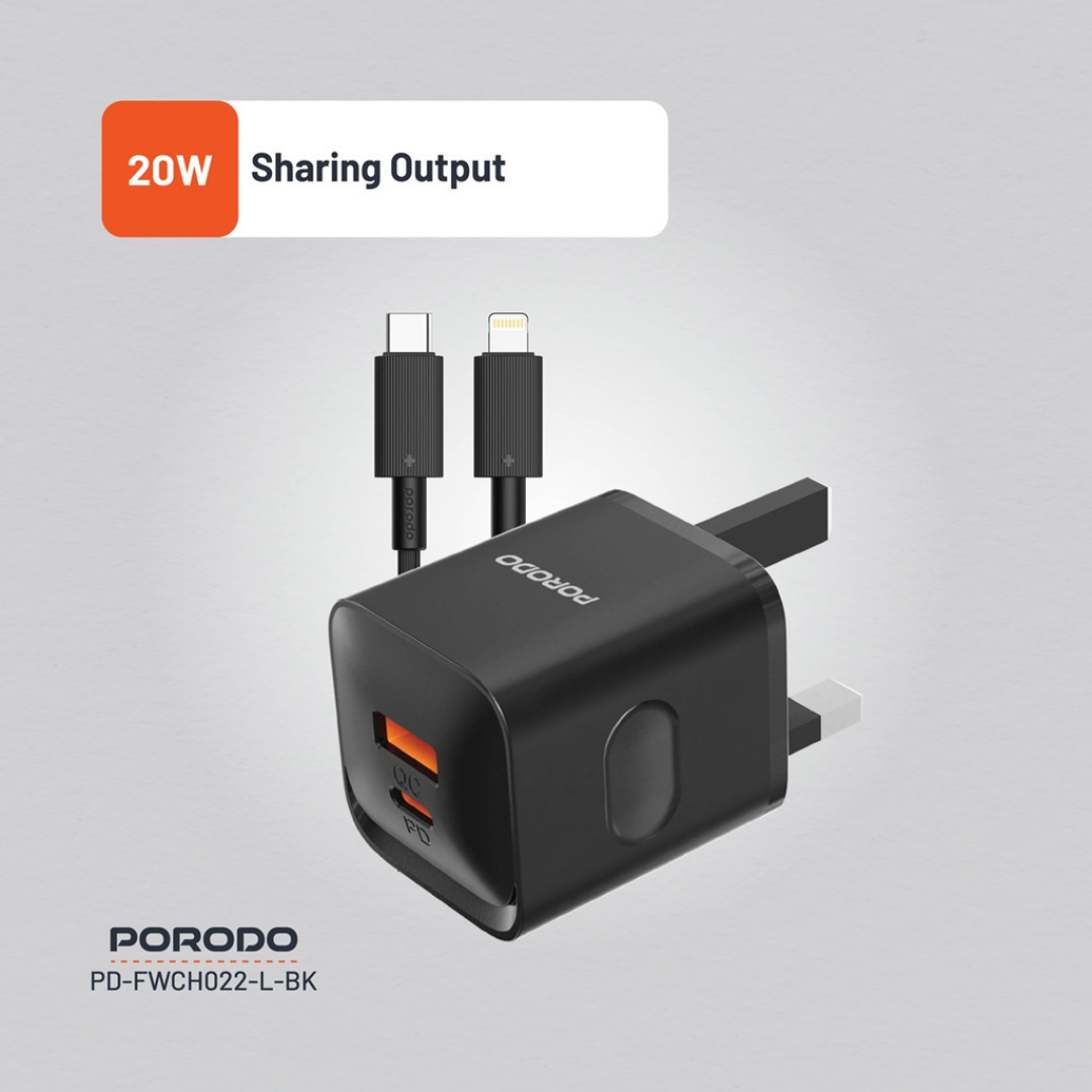 Porodo Dual Port Wall Charger UK with USB-C to Lightning cable