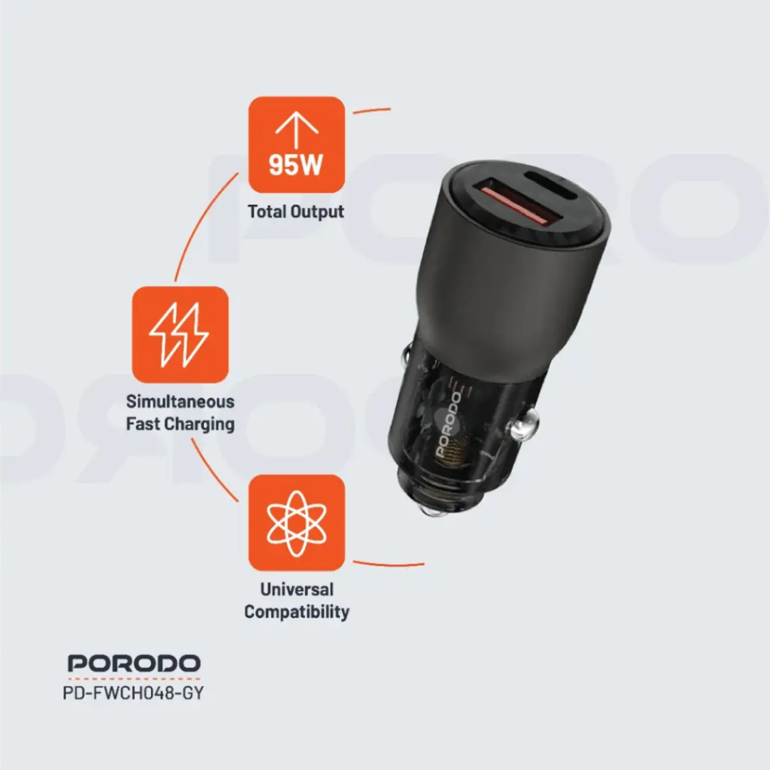 Porodo 95W Transparent Car Charger for Charging Multiple Devices with PD Technology