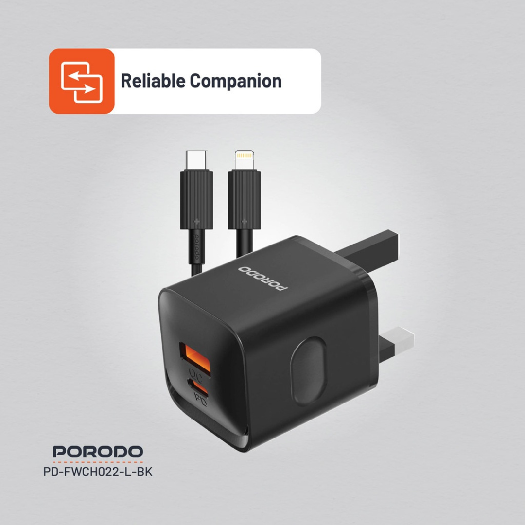 Porodo Dual Port Wall Charger UK with USB-C to Lightning cable