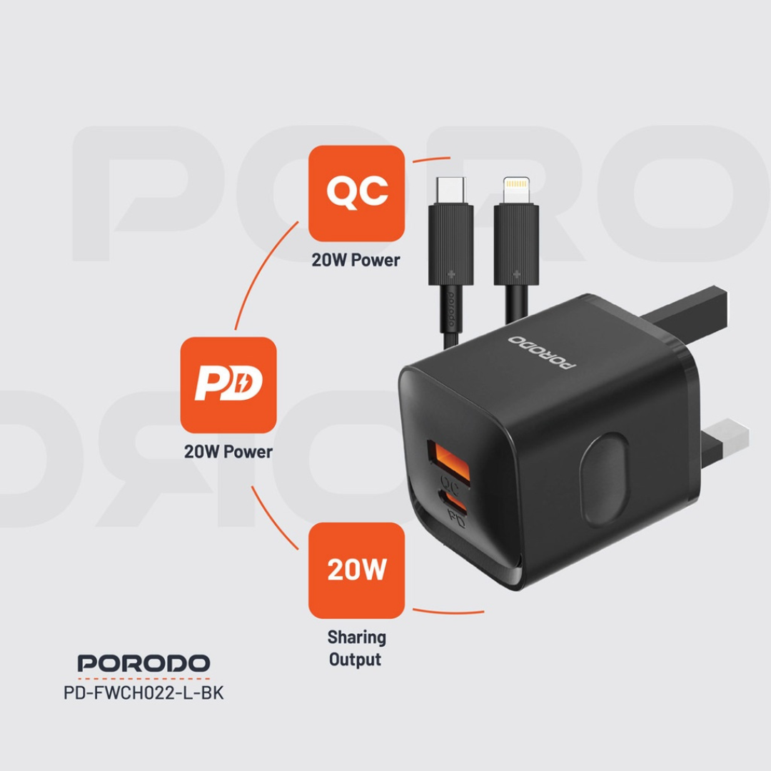 Porodo Dual Port Wall Charger UK with USB-C to Lightning cable