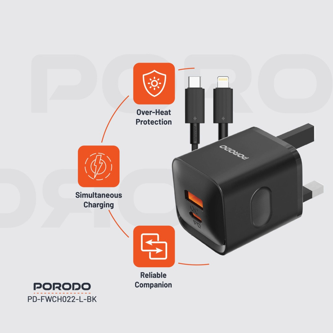 Porodo Dual Port Wall Charger UK with USB-C to Lightning cable
