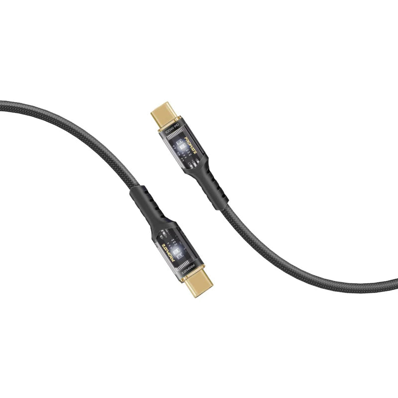 Promate High Tensile Transparent 100W Power Delivery USB-C Cable with LED Light